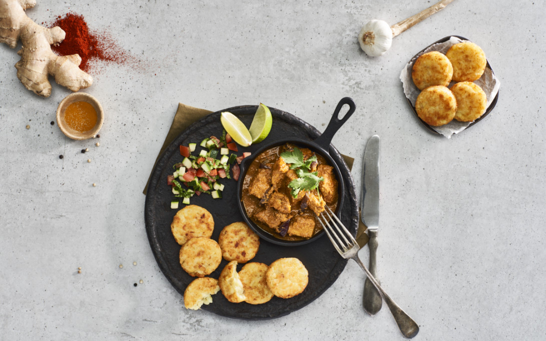 Hash brown round with Tikka Masala