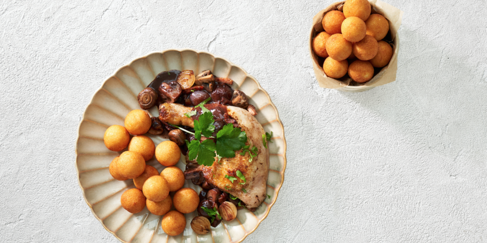 Dauphine potatoes with coq au vin 