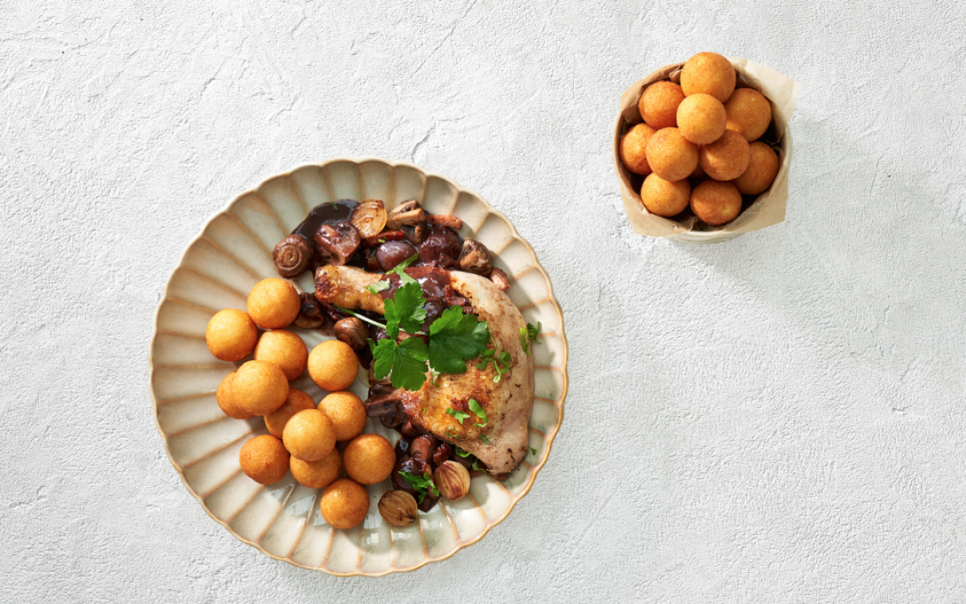 Dauphine papas con coq au vin