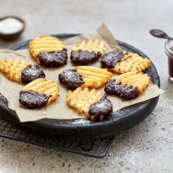 Ready salted waffle fries skin on as a chocolate dessert
