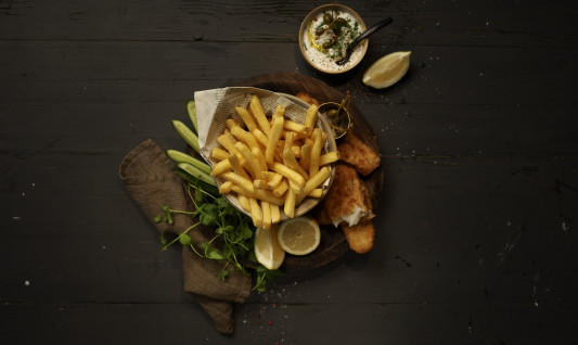Super crispy straight cut fries skin on: fish and chips